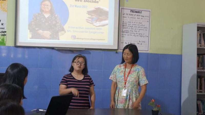 Imsusenla Longkumer interacting with faculties and students during the interactive session held at Livingstone Foundation International College, Dimapur on March 21. (Morung Photo)
